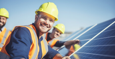 professional workers installing solar panels. renewable and sustainable energy - 628457013