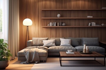Fototapeta na wymiar Stylish scandinavian living room with design furniture, plants, bamboo bookstand and wooden desk. Brown wooden parquet. Abstract painting on the white wall. Nice apartment,Generative AI