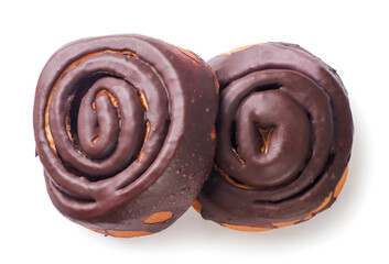 Cinnamon rolls in chocolate on a white background. Top view