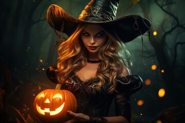 Halloween Witch with a carved Pumpkin and magic lights in a dark forest. Beautiful young surprised woman in witches hat and costume holding pumpkin.