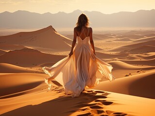 Fototapeta na wymiar Scenic back portrait of a beautiful young woman model in a long white silk dress walking on sand dunes crest in the desert leaving footprints trail on a sand.