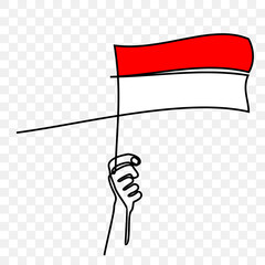 hand holding a red  and white flag, one line drawing vector
