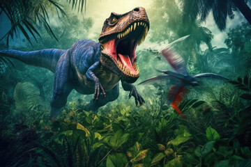 Naklejka premium Prehistoric Showdown: T-Rex Pursuing Velociraptor