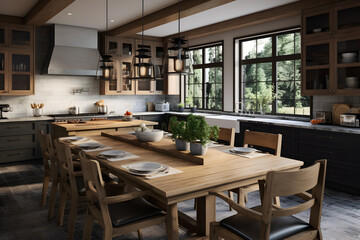 Fototapeta na wymiar Modern Kitchen with contemporary design, with dining table, chair, with excellent views from window