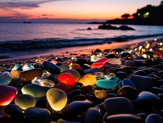 Fototapeta na wymiar Colorful neon fluorescent pebbles on a sea beach at night. Vibrant neon stones with backlight, glowing stones
