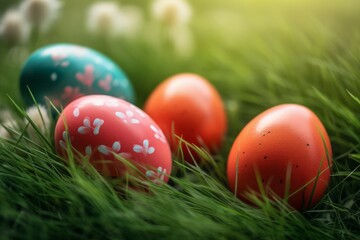 Colorful easter eggs grass. Generate Ai