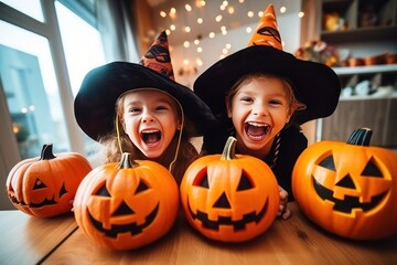 Happy kids on Halloween. Funny kids in carnival costumes indoors. Cheerful children play with pumpkins and candy,