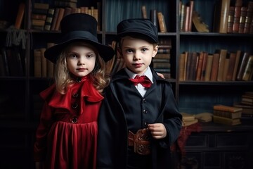Obraz premium happy children in costumes of witch and vampire in a dark house in holiday Halloween