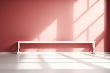 empty pastel red background for product presentation with shadow and light from windows.j created genrative ai.