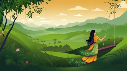 illsuatrtion of indian festival hariyali teej means green teej .woman enjoy the festival with swing in monsoon on beautiful landscape backdrop.illustration