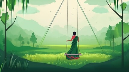 illsuatrtion of indian festival hariyali teej means green teej .woman enjoy the festival with swing in monsoon on beautiful landscape backdrop.illustration - obrazy, fototapety, plakaty