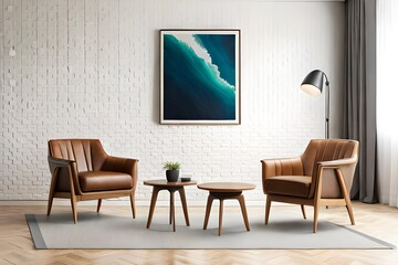 Interior of modern living room with armchair and table. Banner for design. Living room design with artwork frame mock-up, two wooden chairs on white wall