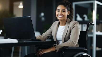 Latin business woman in wheelchair smiling and working in office. Generative AI. - obrazy, fototapety, plakaty