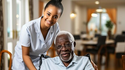 Young African nurse assisting a senior lady in a nursing home. Generative AI.