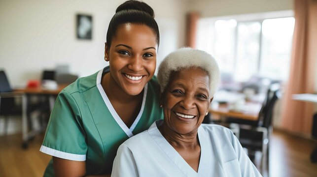 Young African nurse assisting a senior lady in a nursing home. Generative AI.