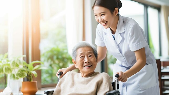 Young Asian nurse assisting a senior lady in a nursing home. Generative AI.