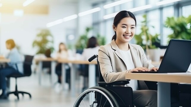 Asian business woman in wheelchair smiling and working in office. Generative AI.