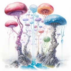 Magic mushrooms. Psychedelic hallucination. Vibrant illustration. 60s 70s hippie colorful art. Generative Al.