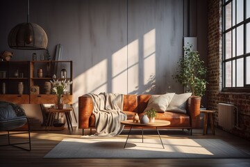 Stylish scandinavian living room with design furniture, plants, bamboo bookstand and wooden desk. Brown wooden parquet. Abstract painting on the white wall. Nice apartment,Generative AI