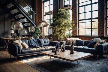 Stylish scandinavian living room with design furniture, plants, bamboo bookstand and wooden desk. Brown wooden parquet. Abstract painting on the white wall. Nice apartment,Generative AI