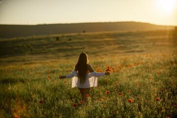 Woman sunset field. Happy woman walking in the field toward the sun holding a poppy flower.