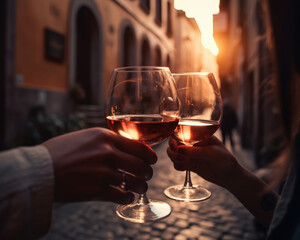 Nahaufnahme beim Anstoßen mit Rosé Wein, generative AI