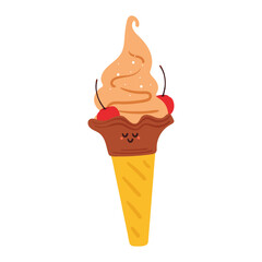 hand drawing cartoon ice cream cone with smile face. cute dessert icon for kids sticker