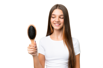 Teenager caucasian girl with hair comb over isolated background with happy expression