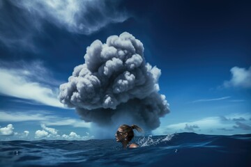 Swimming Through Clouds: Woman's Ocean Journey in Dark & Blue
