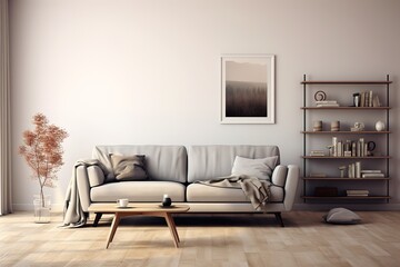 Living room interior with gray velvet sofa, pillows, green plaid, lamp and fiddle leaf tree in wicker basket on white wall background. 3D rendering,Generative AI