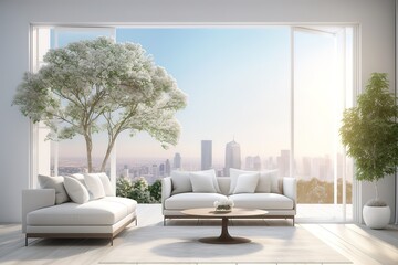 Living room interior with gray velvet sofa, pillows, green plaid, lamp and fiddle leaf tree in wicker basket on white wall background. 3D rendering,Generative AI