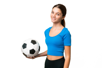 Teenager caucasian girl playing football over isolated background smiling a lot