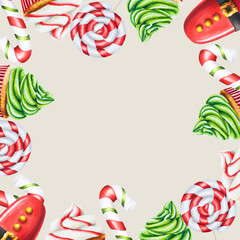 Fototapeta na wymiar Watercolor frame with Christmas cream muffins, caramel canes, candies, ice creams. New year hand painting green and red cupcakes isolated on white background. For designers, food decoration, menu, 