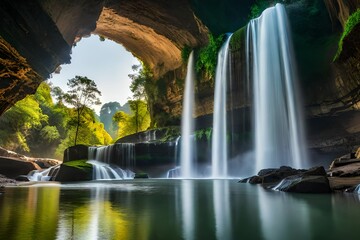 Waterfall in tropical forest at Khao Yai National Park, Thailand. Waterfall view from inside the cave.AI generated