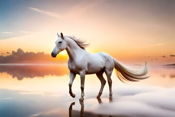 Fototapeta na wymiar beautiful White horse, colourful Background with Rose Clouds,Clouds in heartshapeform 