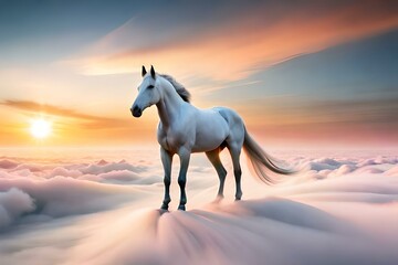 Obraz na płótnie Canvas beautiful White horse, colourful Background with Rose Clouds,Clouds in heartshapeform 