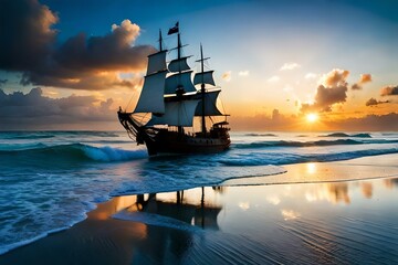 view of turbulent swells of a violent ocean storm, inside a glass bottle on the beach ม dramatic thunderous sky at dusk at center a closeup of large tall pirate ship with sails, breaking light    © Malik