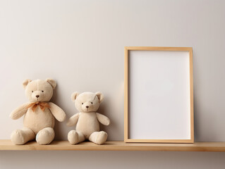 Kids room interior mockup, empty wall, wooden shelf and soft toys, wooden photo frame Generative ai