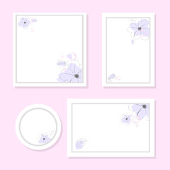Frames for mockups with lilac contour flowers. Layout, poster, background, with hand drawn outline flowers. The concept of product presentation, empty, copy space. Flat illustration.