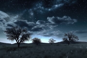 Fototapeta na wymiar Celestial Dreamscape: Ethereal Clouds & Stars in Dark Azure | Serene Landscape & Transcendental Night Sky