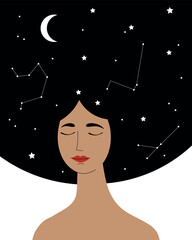 Sleeping woman vector illustration on isolated white background. Character with long hair, decorated with moon, stars, constellations, flat illustration about sleep, magic, horoscope, lifestyle health - obrazy, fototapety, plakaty
