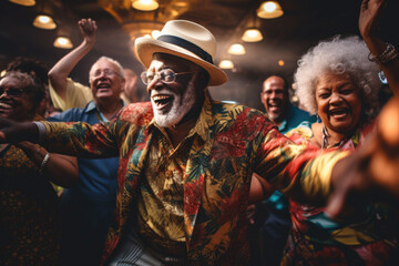 Obraz premium Happy elderly people dancing in disco club celebrating something.