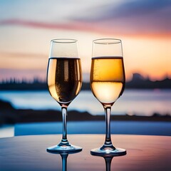 Glasses of wine or champagne at evening with water view at sunset, romantic landscape, wedding party, generative AI
