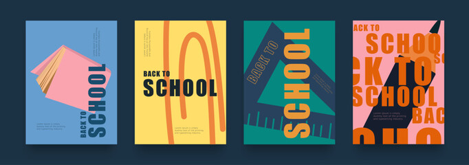 Abstract Posters for Back to School in Pink, Blue, Green Colors. Set Trendy Elements in Retro Style for Covers, Ads, Branding, Banner. 3d Background for College, Education, Study.