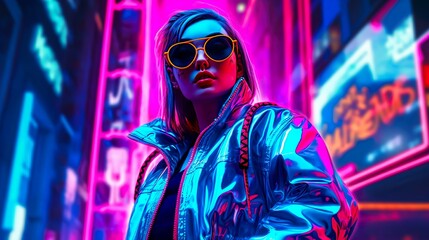 2023 era fashion cyberpunk girl made of argon, pop colors, neon-lit cityscape, Generative AI