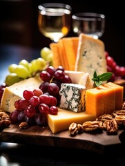 Gourmet Temptations: Luxurious, Mouth-Watering Cheese Platter in Dramatic Close-Up | Indulgent High-End Food Photography with Elegant Lighting
