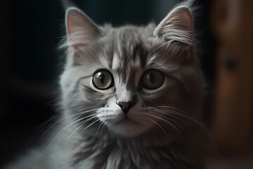 Cute grey little fluffy kitten looks to the camera. Close-up