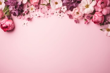 Assorted pink flower border on pink background, flat lay, Generative AI
