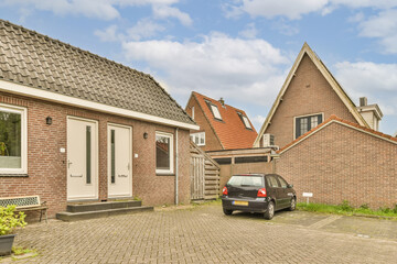 a brick house with a black car parked in the driveway next to it on a sunny day, against a blue sky