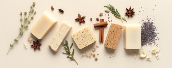 Fototapeta na wymiar Natural soap bars and ingredients on beige background, flat lay, Generative AI